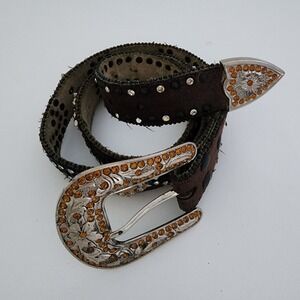 Brown Leather Rhinestone Studded Belt Diamond Square Bling Western Large‎ 34-39